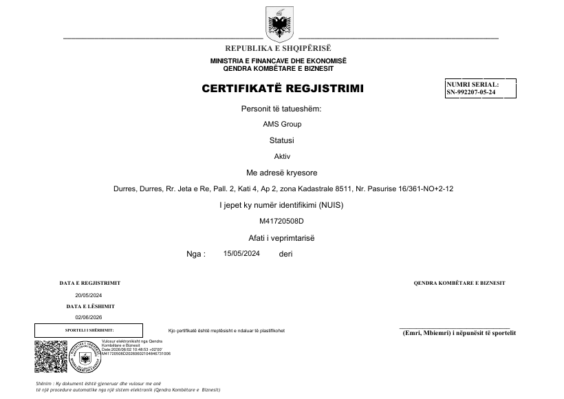 Certifikatë Biznesi — AMS Group Ltd.